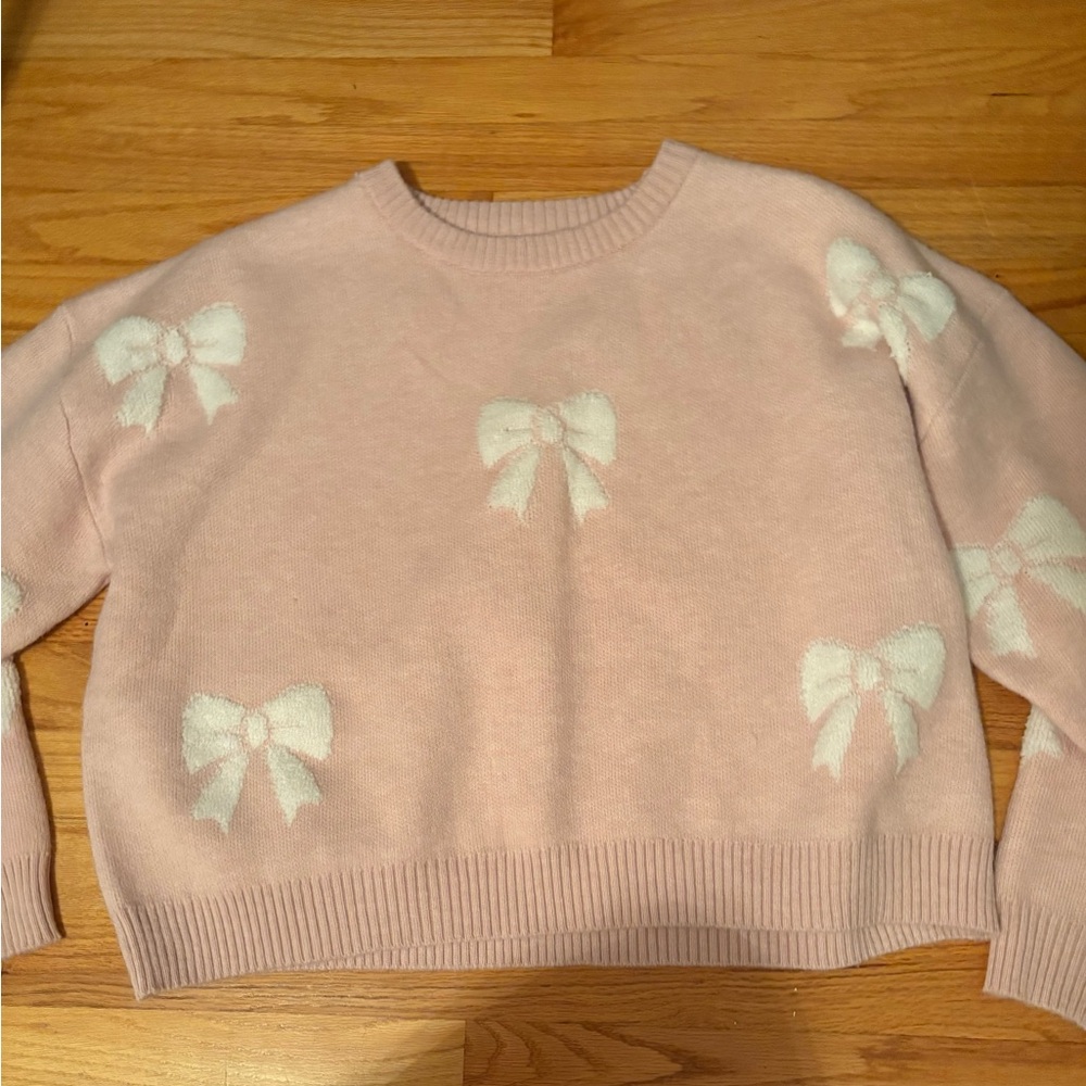 Harper Pink and White Crew Neck Sweater with Ribbed Knit